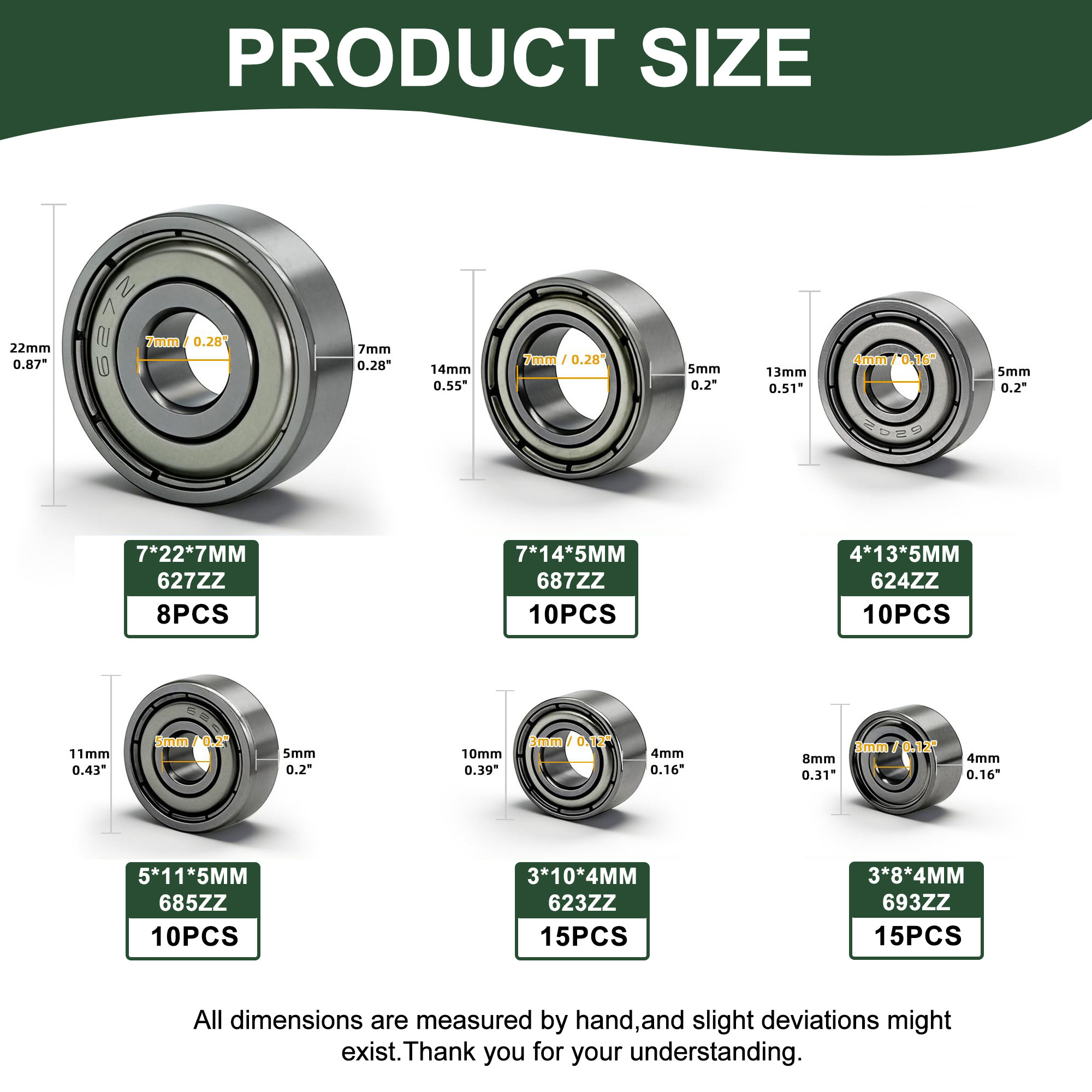 TEMU 68pcs Ball Bearing Assortment Kit, Zz Series, Includes 693zz, 623zz, 624zz, 685zz, 687zz, And 627zz In 6 Small Bearing Sizes. Small Carbon Steel