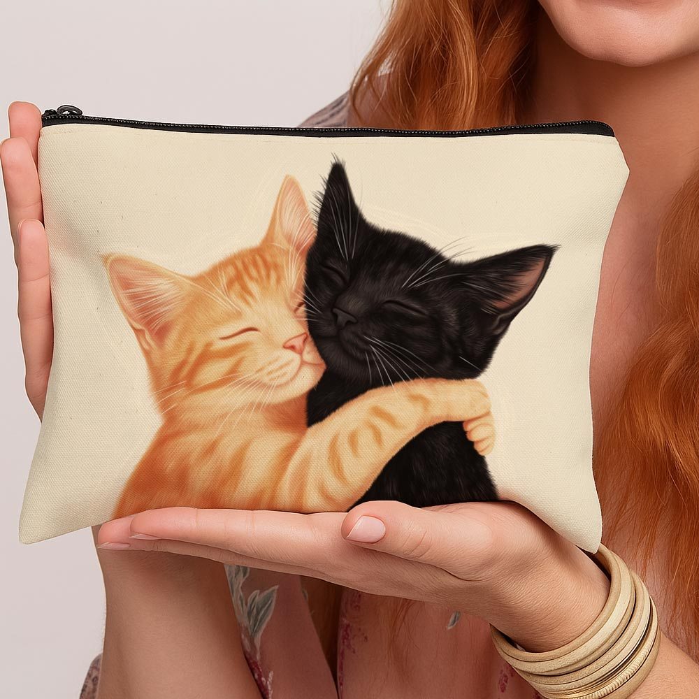 TEMU 1pc Cute Cat Hugging Print Cosmetic Bag - Lightweight Travel Makeup Organizer With Zipper Closure, Portable Toiletry Pouch, Stylish Gift For
