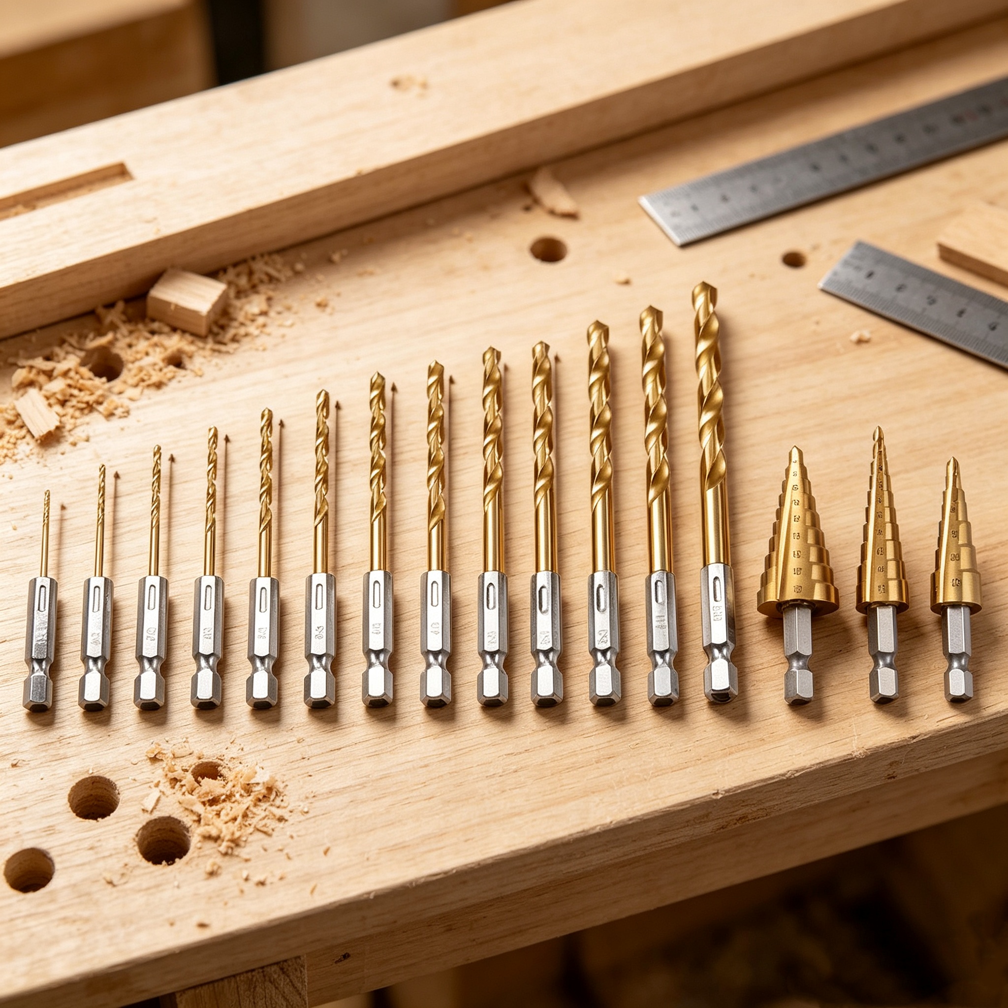 TEMU Kit de perçage et alésoir 16 pièces avec mèches à 3 étapes et 13 mèches multi-tailles 1/16"-1/4", queue hexagonale à changement rapide et pointe