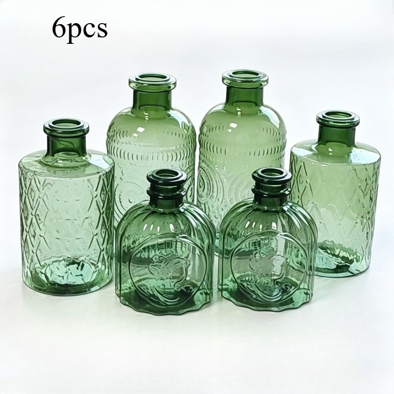 TEMU 6pcs Green Bud Vases Set, Small Vintage Plastic Clear Bud Flower Vases Bulk Multiple Shape Cute Mini Plastic Bottles Vases For Rustic Wedding