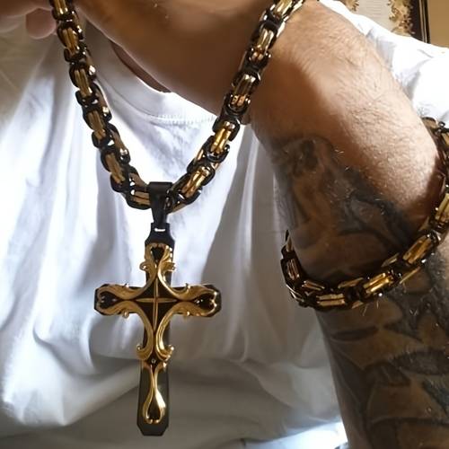 2pcs vintage men fashion necklace set with cuban chain stainless steel cross pendant