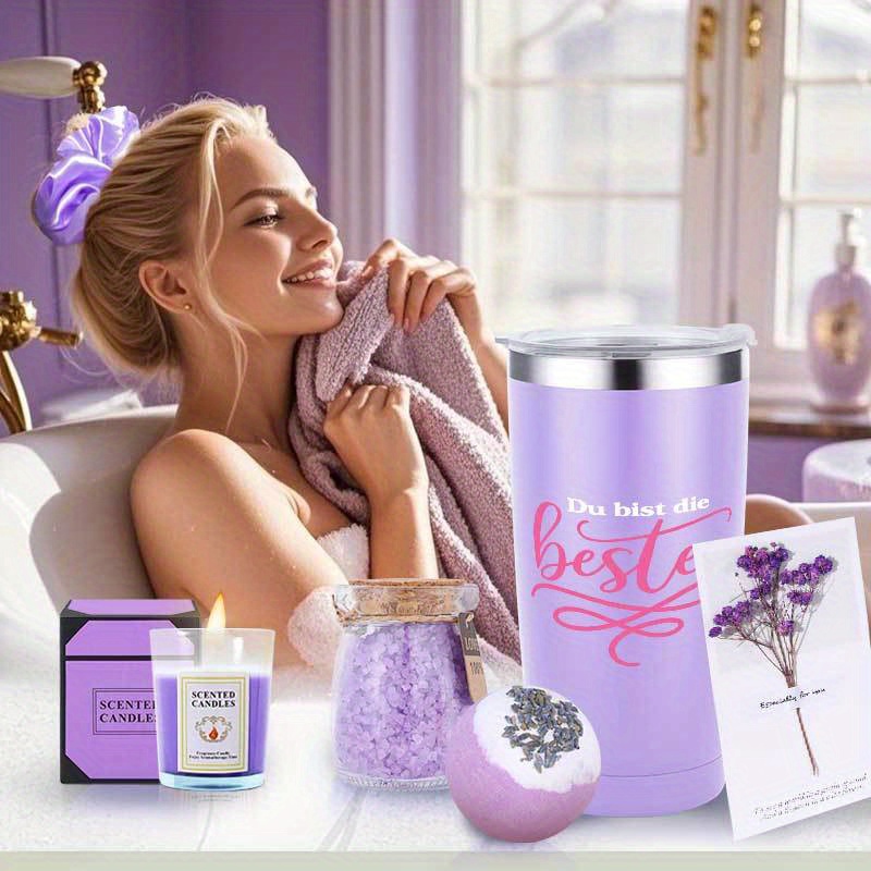 8-dijelni Ljubičasti Poklon Set za Kupanje za Žene - Morska Sol, Pješčana Sol, Spa Set, Rođendanski Poklon za Samoobavještavanje za Mamu, Suprugu ili Najbolju Prijateljicu, Savršen Poklon za Zahvalnost i Božić, Gumica za Kosu, Mirisna Svijeća, Kupaći Prašak, Bombice za Kupanje, Sapun, Poklon Kutija - Idealno za Sezonske Proslave