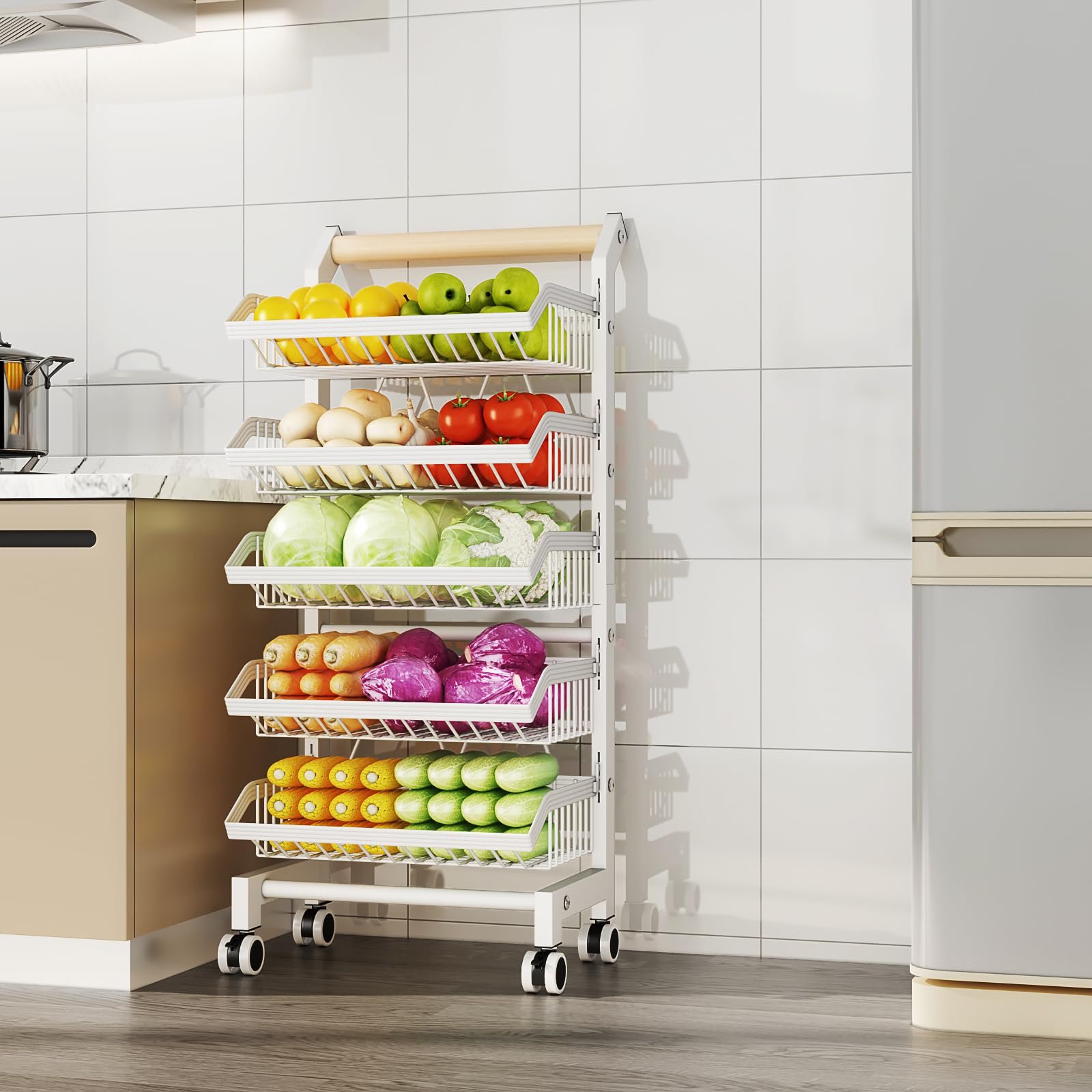 vegetable storage rack rolling kitchen trolley with lockable wheels carbon steel metal frame with wooden handle multi purpose fruit vegetable basket cart for onion     pantry and bathroom