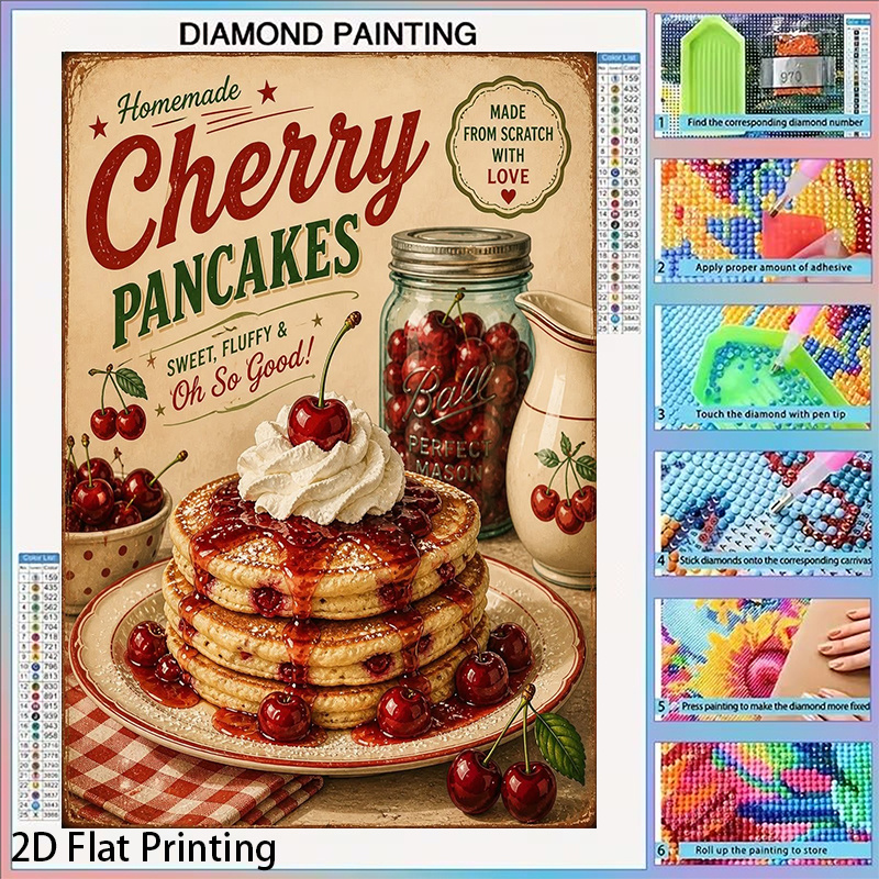 TEMU 1 pièce, Kit de peinture diamant 2D plat cadre à soi-, Thème muffin aux cerises vintage, la texture des affiches alimentaires vintage