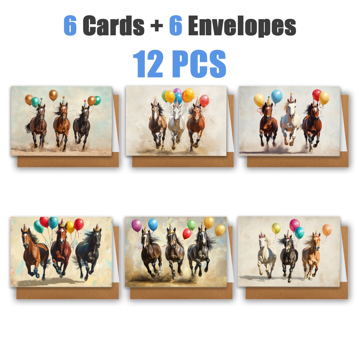 TEMU 1set/12pcs/24pcs Horse Wearing A Birthday Hat And Tied With Balloons Greeting Card | Includes Envelope, Greeting Card | Perfect For Birthdays,