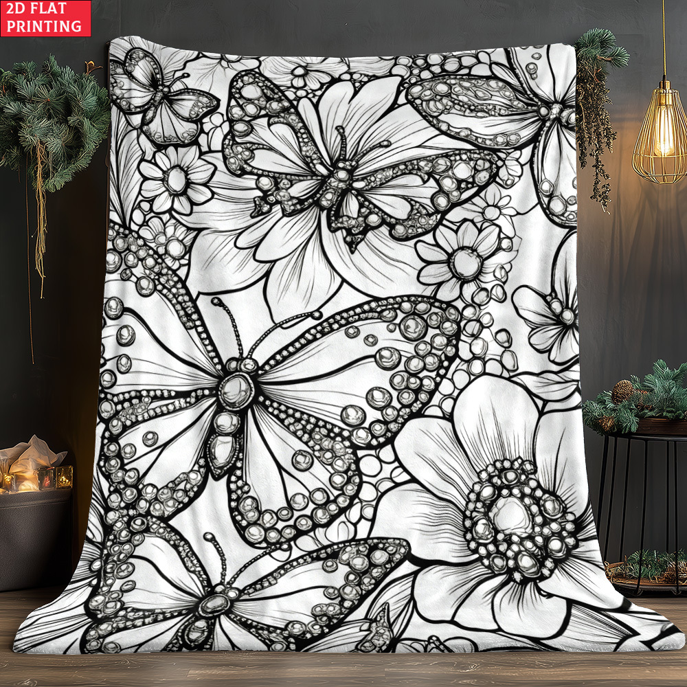 TEMU 2d Flat 1pc Flowers And Butterflies Coloring Outdoor Portable Blanket-lightweight Home Furnishings Bedding Blanket Suitable For Travel Camping