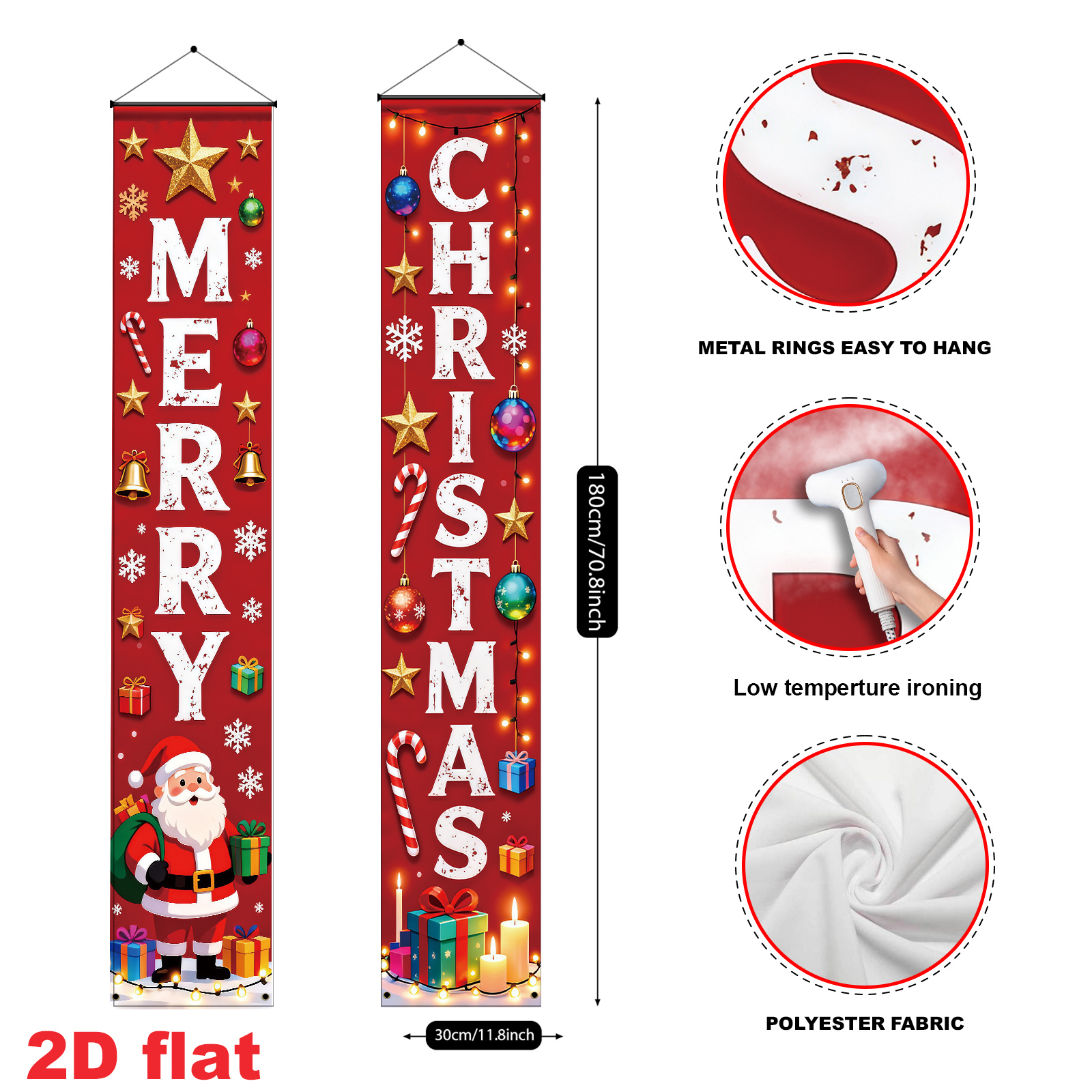 TEMU 2d Flat, 2d Flat Banner 2pcs(11. 8* 70. 8inch/30* 180cm) Made Of Polyester Material, Christmas Decoration Banner With Santa Claus, Colorful