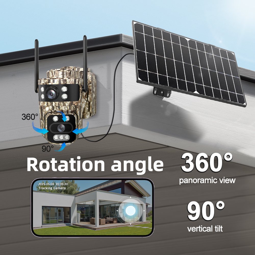 360-Degree Low-Power Solar Security Camera, 4G LTE Surveillance Camera - No WIFI Needed, Comes with a 4G SIM Card, 3MP QHD Dual-Lens View, Automatic Tracking And Message Push Features, Remote Monitoring Via Mobile Phone, Color Night Vision