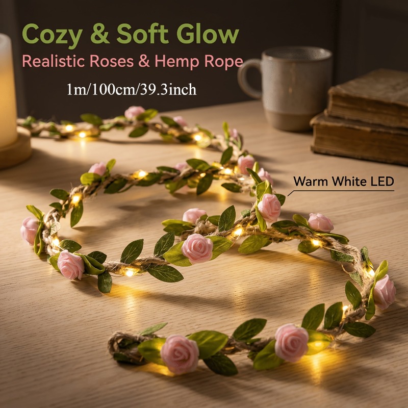TEMU 1m 10led Hemp Rope Artificial Simulation Flower Rose Vine Green Leaf Decoration, Wreath, String Lights, Fairy Lights, Battery Powered Suitable