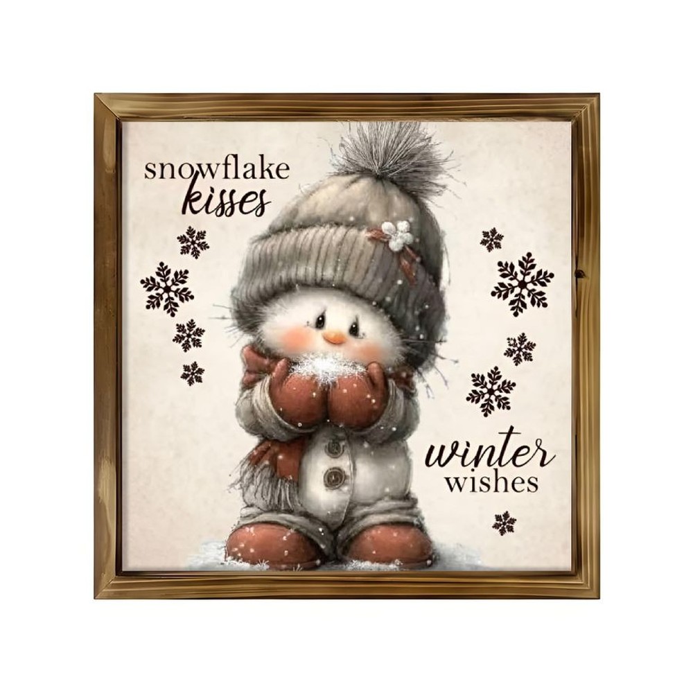 TEMU 2d Flat, 1pc Adorable Snowman Wooden Framed Wall Sign - Contemporary Minimalist Tabletop Or Hanging Pediment Suitable For Christmas Decoration,