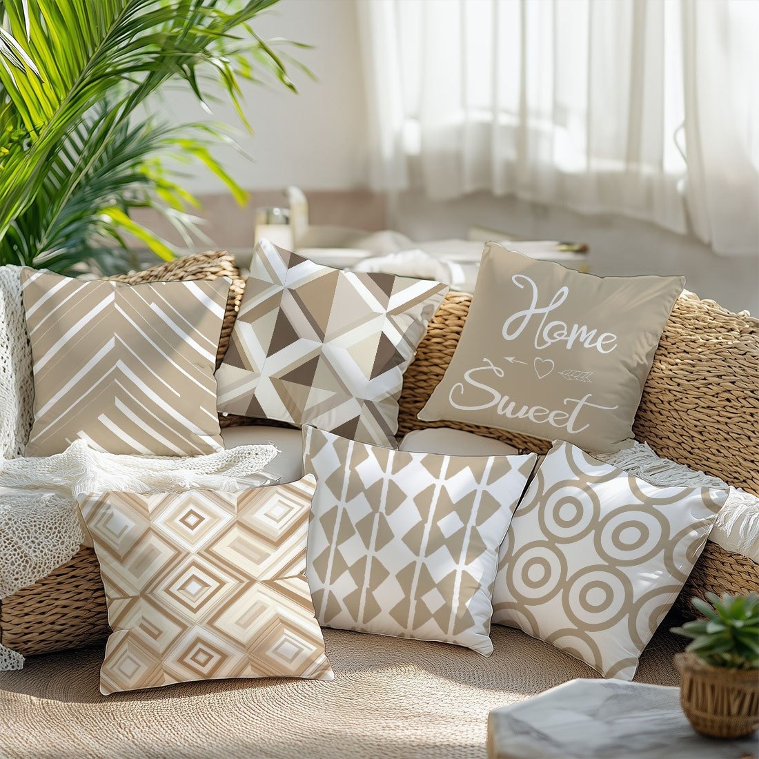 TEMU 6pcs Set Of Single-sided Light-colored Geometric Pattern Cushion Covers, Suitable For Living Room Sofa And Bedroom Home Decor, Polyester
