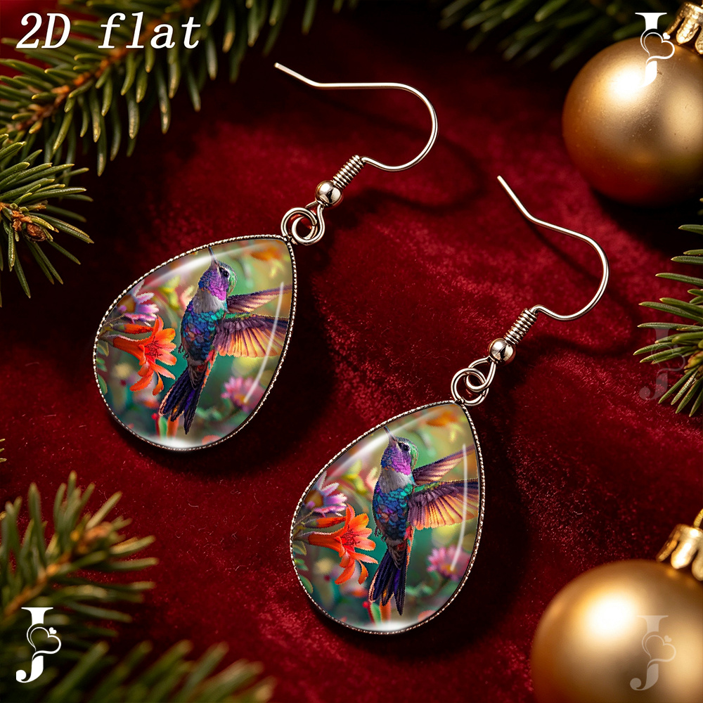 Teardrop Dangle Earrings with Hummingbird Floral Pattern