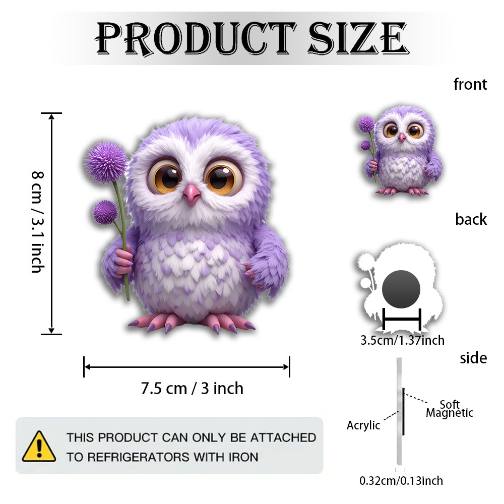 TEMU 1pc Barn Owl Magnet With Lavender Feather & Purple Thistle Flower - Cute Realistic Owl Acrylic Refrigerator Magnets Suitable For Fridge Magnets,