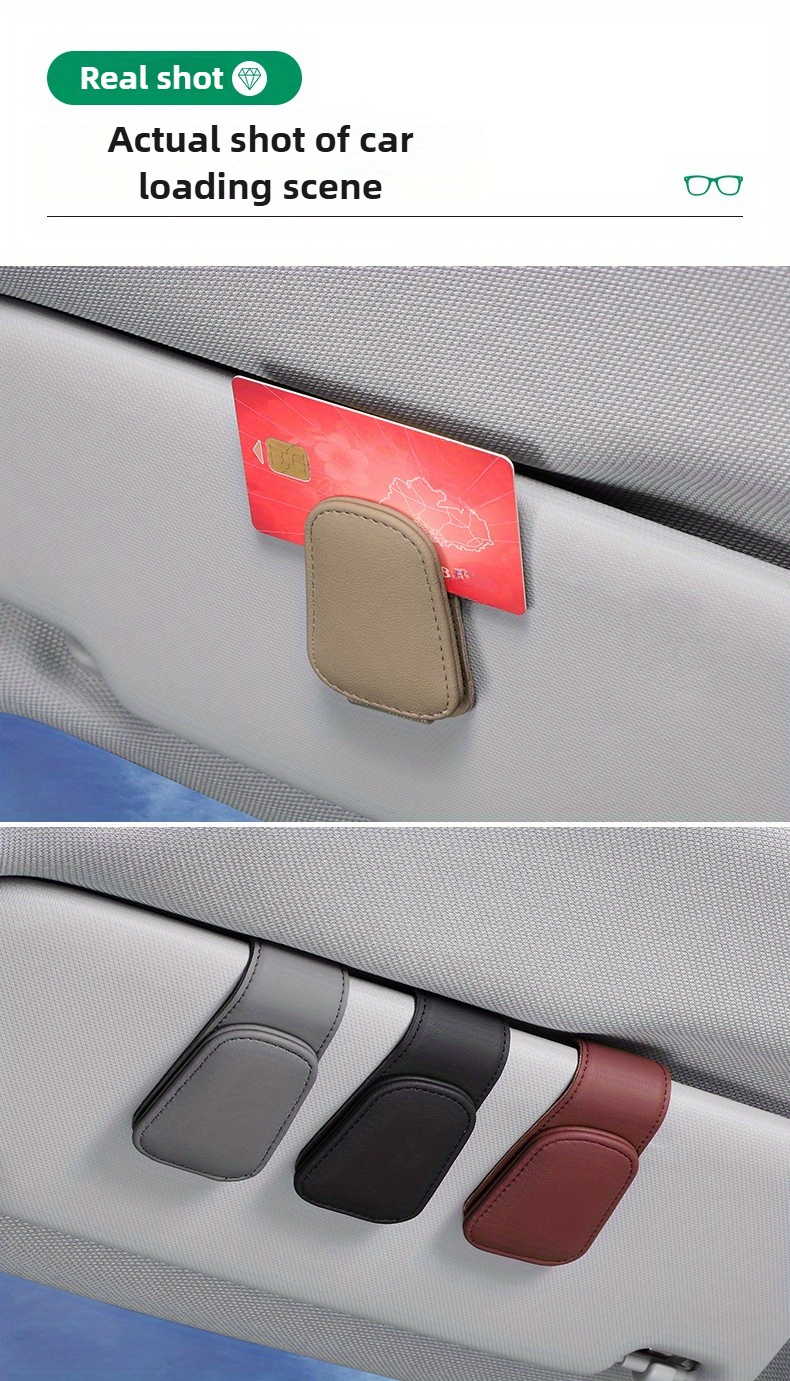 2pcs Magnetic PU Leather Fashion Sun Visor Glasses Holder - with Card Slot, One-Hand Operation, Multiple Colors (Black, Gray, Beige, Red-Brown), Driver's Side Interior Accessory, Stylish Glasses Mount