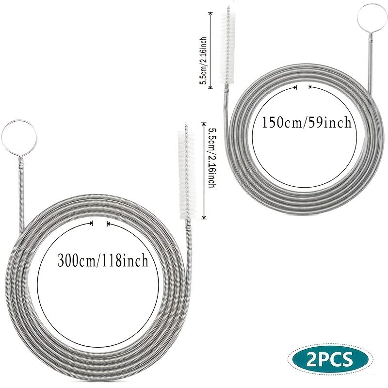 TEMU 2pcs Brosses de nettoyage de tuyaux à ressort en acier inoxydable de 59/118 pouces de long, outil de nettoyage flexible pour tuyaux de drainage