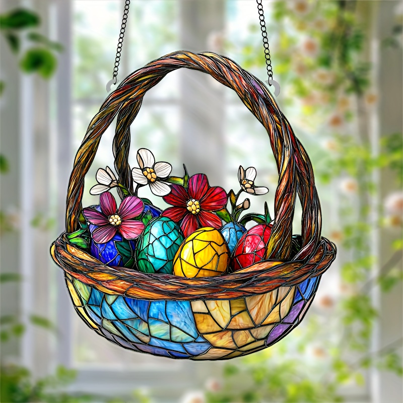 

Easter Egg Basket Suncatcher, 7"x8" Acrylic Window Hanging Decor, Stained Plastic Ornament, For Spring Celebrations And Housewarming Gifts