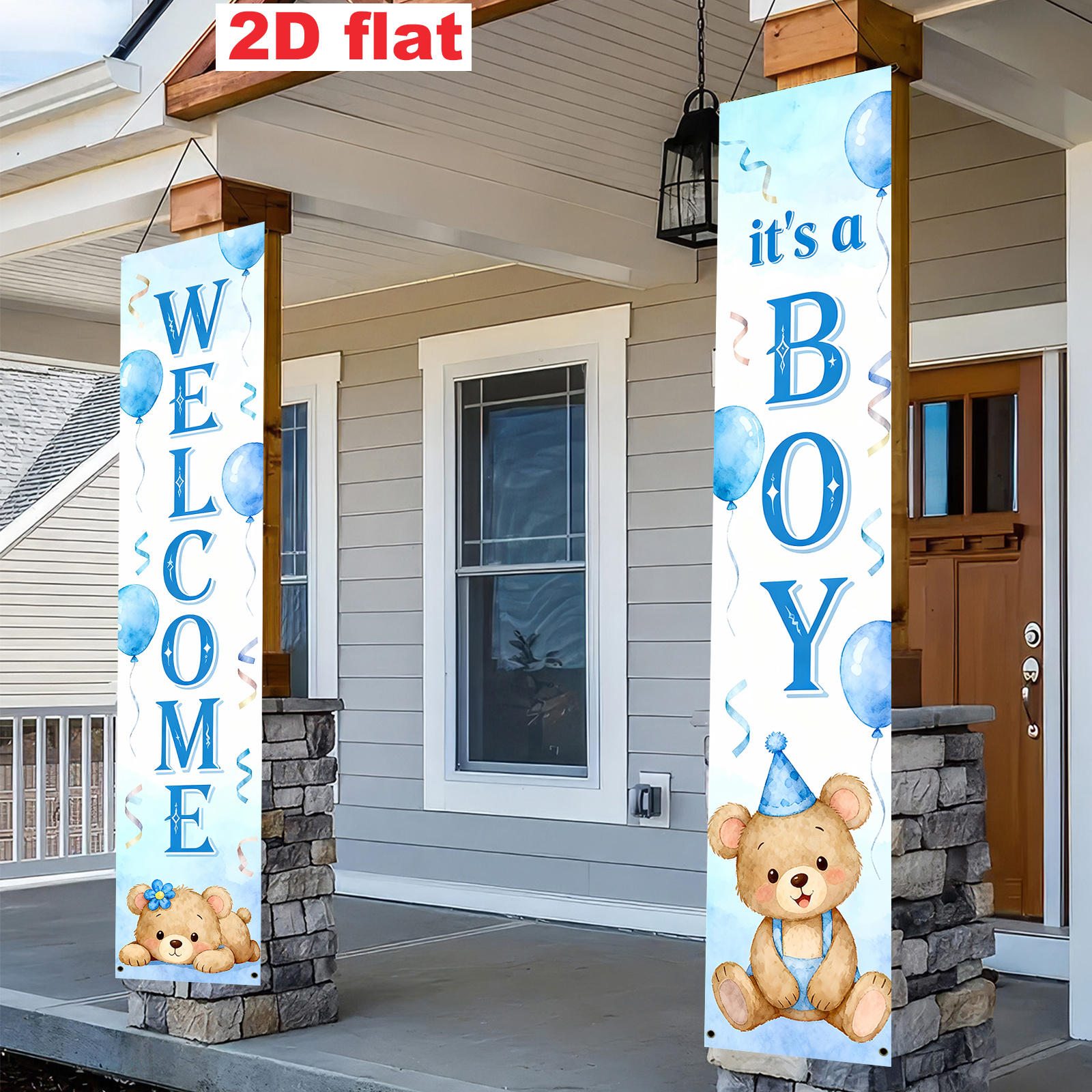 TEMU 2d Flat, 2d Flat - 2d Flat, 2d Flat - 1 Pair, Gender Reveal Couplet, 2d Flat Banner, Polyester Material, Blue, Boy Baby Gender Reveal, Blue
