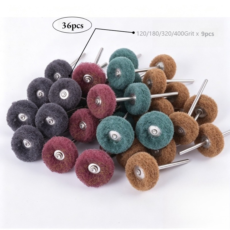 TEMU 36pcs Abrasive Scouring Pad Buffing Wheel Set Grit 120/180/320/400, Nylon Fiber T-shaped Polishing Brush Mini Grinding Head 3mm Shank For Rotary