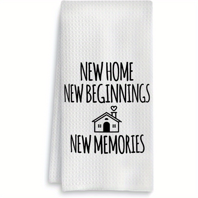 E-shop 45×66 cm Einweihungs-Küchentuch mit modernem Cartoon-Design und dem Text "Neues Zuhause Neue Anfänge Neue Erinnerungen", super weiches