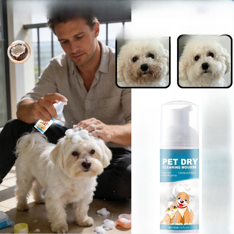 Dry Cleaning Mousse 3pcs Set for Cats and Dogs | Plant-Based Formula, No Water Needed + Massage Comb Brush Combo for Deep Cleaning and Shine, Essential for Pet Families, Say Goodbye to Tear Stains and Dirt! Deeply Removes Tear Stains and Dirt
