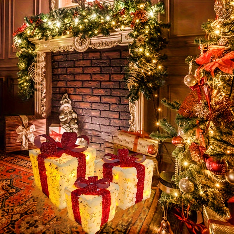 3pcs Plush Christmas Glowing Gift Box, Christmas Red Bow Gift Box, Christmas Party Gift Box with Golden Snowflakes, Suitable for Christmas Tree, Holiday Decoration, Home Decoration, Christmas Celebration Gifts, Collectible Buildings & Accessories, Best for Christmas, Christmas Light Gift Box, Christmas Decoration, Christmas Stuff Cheap, Christmas Village, Christmas Home Decoration