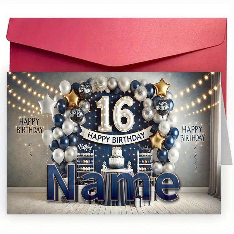 TEMU 1pc Personalized Birthday Card With Name& Age Number- Custom Photo/text Insert- Elegant 16th Birthday Theme For/guys- Numbered Balloons& S-