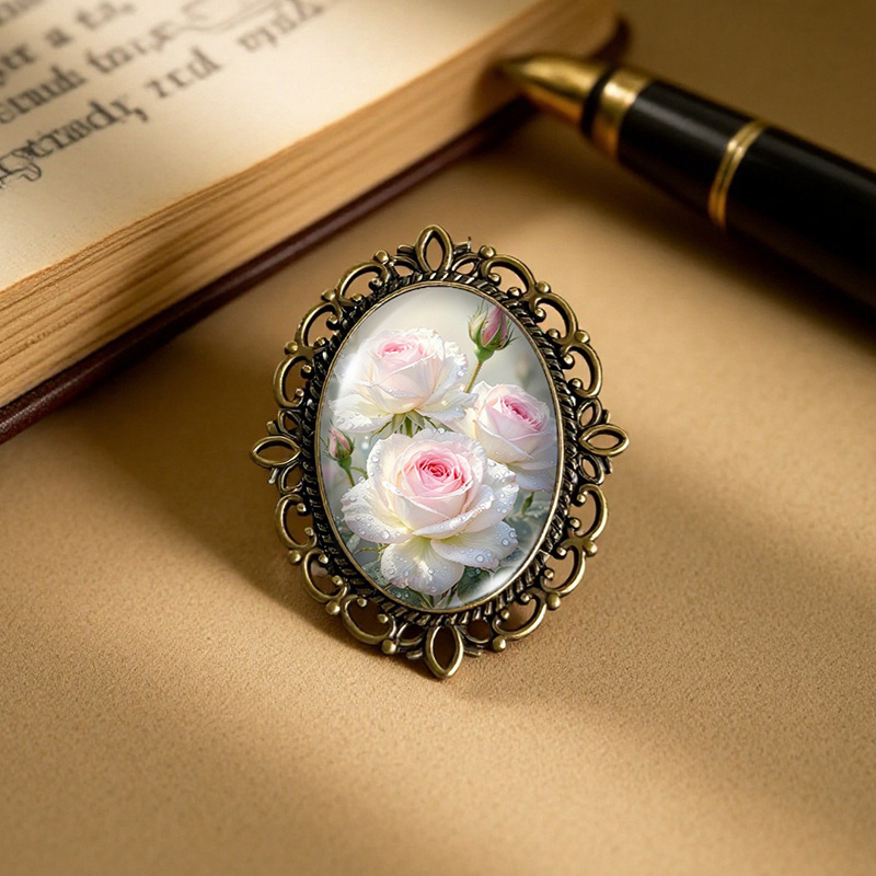 TEMU 1pc Pink White Rose Brooch Oval Lace- Glass Brooches Clothing Backpack Accessory Men And Women's Gift