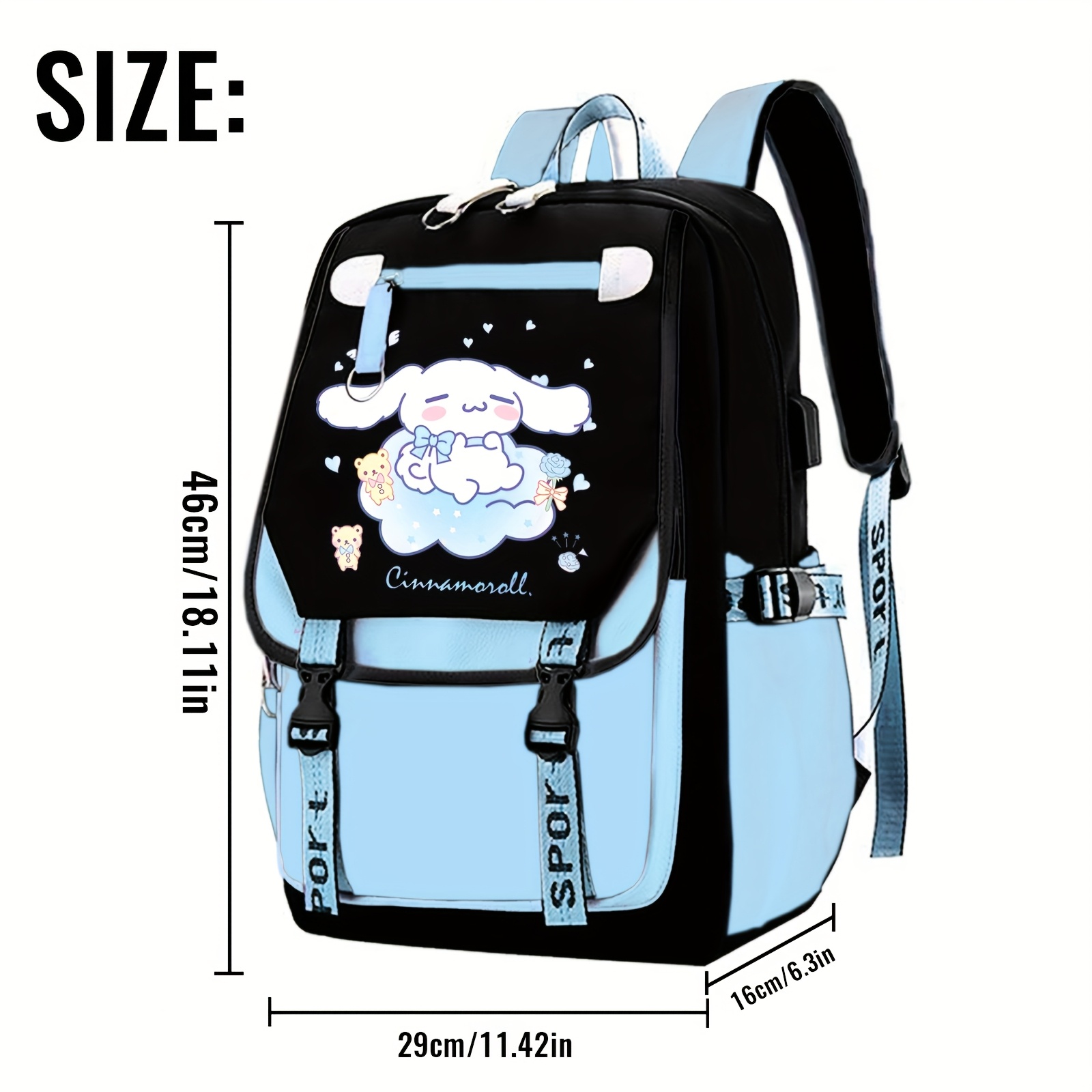 TEMU A Large Capacity School Backpack Featuring The Cinnamoroll Character Design, With Multiple Compartments And Side Pockets. This Durable Backpack