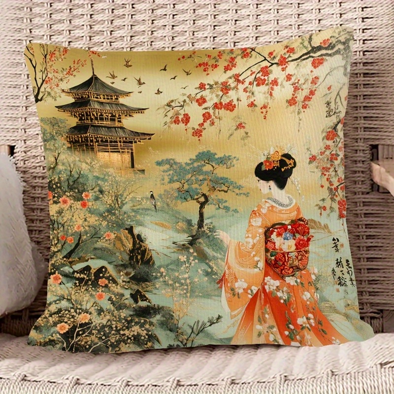 TEMU 1pc, Vibrant Japanese Art Pillowcase 18x18 Inches - Cherry And Design, Traditional , Sofa And Bedroom Decor (pillow Not Included) Rv Bedding