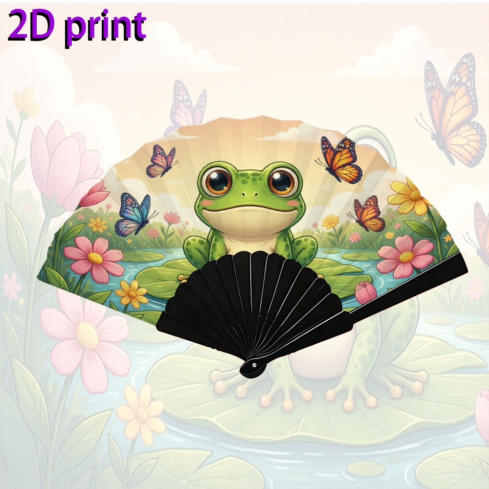 TEMU 2d Flat, 1pc Unisex Fashionable 2d Folding Fan With Cute Frog Countryside Illustration, Portable Handheld Foldable Fan, Suitable For Parties,
