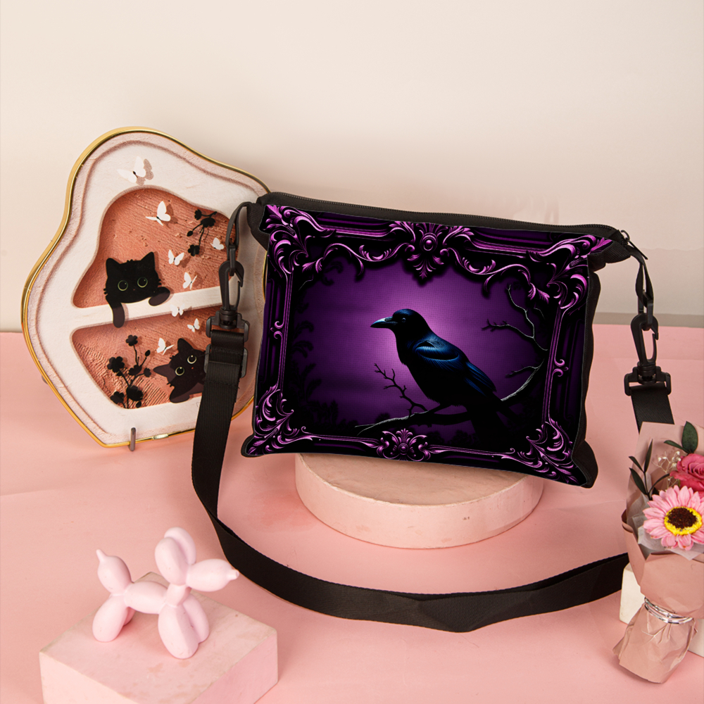 TEMU 1pc Gothic Purple Women's Shoulder Bag - Adjustable Crossbody Bag With Gothic Bird Print & Ornate Frame, Zipper Closure, Machine Washable