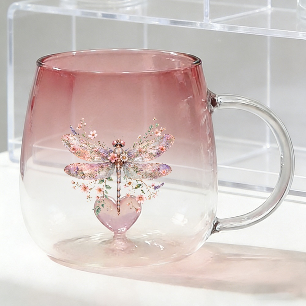 TEMU Dragonfly Heart Glass Mug With Rim & Boho Floral - Transparent Blue Suitable For Coffee, Tea, , Juice - Hand Wash Cup Gift For Women, Dragonfly