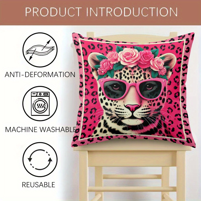 TEMU 1pc, Fashionable Leopard Cat Wearing Pink Fashion Glasses With Floral Wreath, 2025 New Decorative Pillowcase, Polyester Material, Zippered And