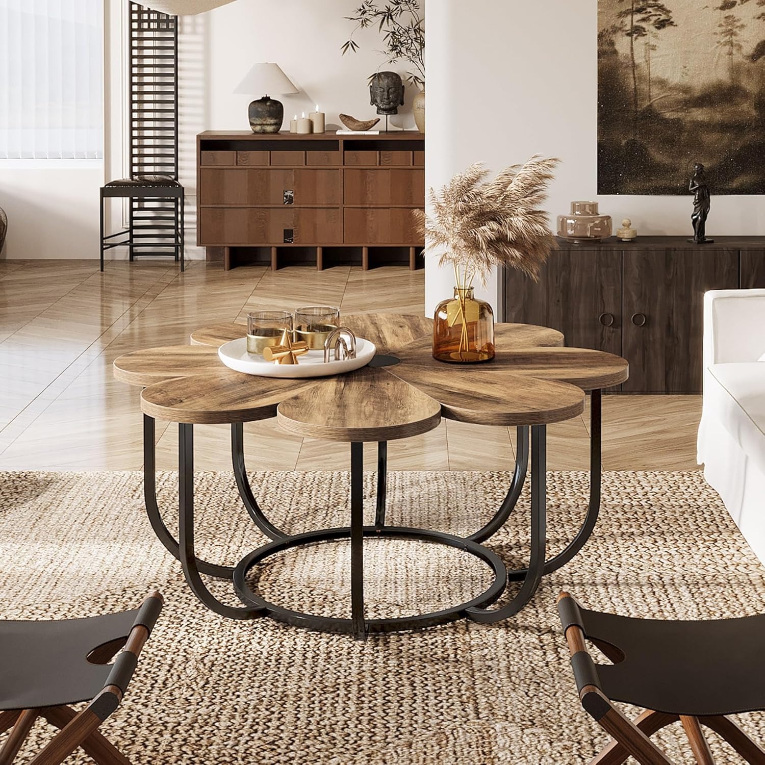 Coffee Table, -shaped Coffee Table With Faux , 100cm Floral Accent Table With Metal Frame, Coffee Table For The Living Room, Brown And Black