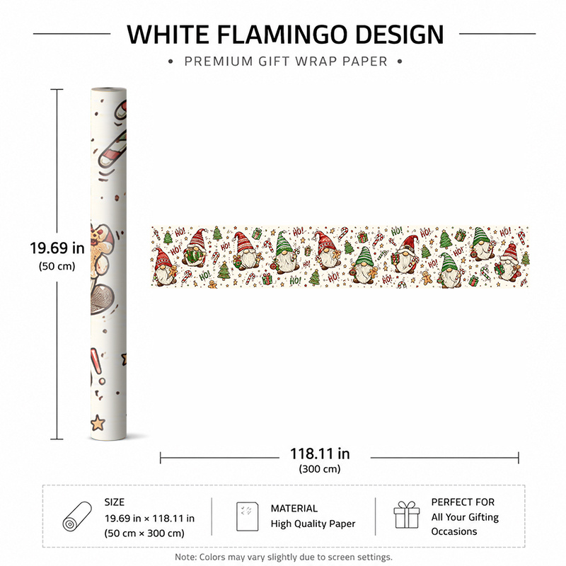 TEMU 1 Rolle 50x300cm (19,7x118,1in) Winterliches modernes Geschenkpapier für Weihnachtsfeier, Geschenkpapier mit fröhlichen Gnomen, Weihnachtsbäumen