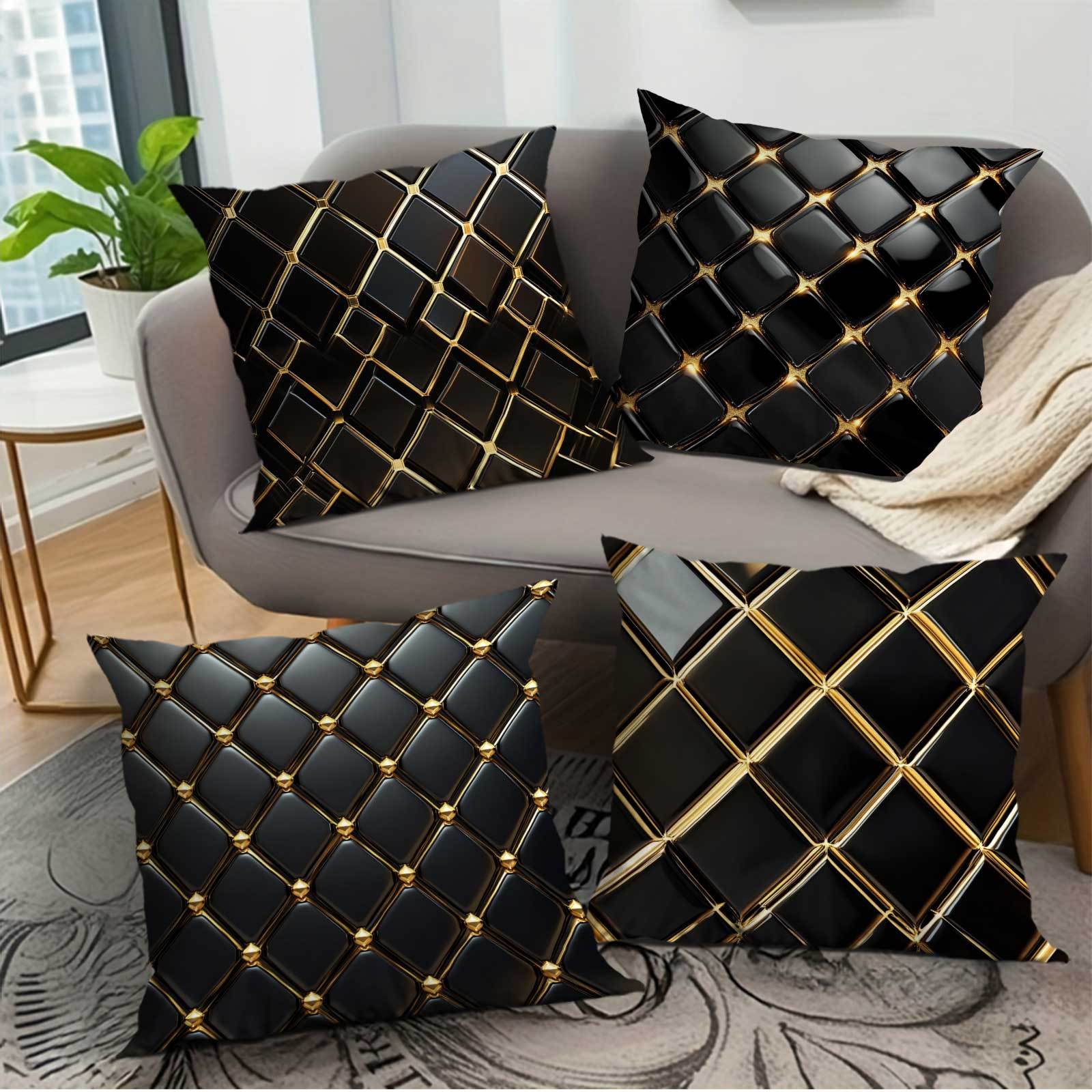 

4pcs Modern Black And Golden 3d Geometric Diamond Pattern Pillow Covers, Soft Flannel Cases With Zipper, Machine Washable, Decor For Sofa, Bedroom, Office, Car, And Patio - 17.72 X 17.72 Inches