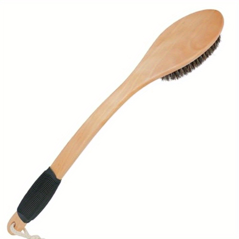   bath brush wooden curved long handle   shower brush for exfoliating natural mane scrubber for back use wet or dry back scrub deep cleanse17 2inches Product details 0
