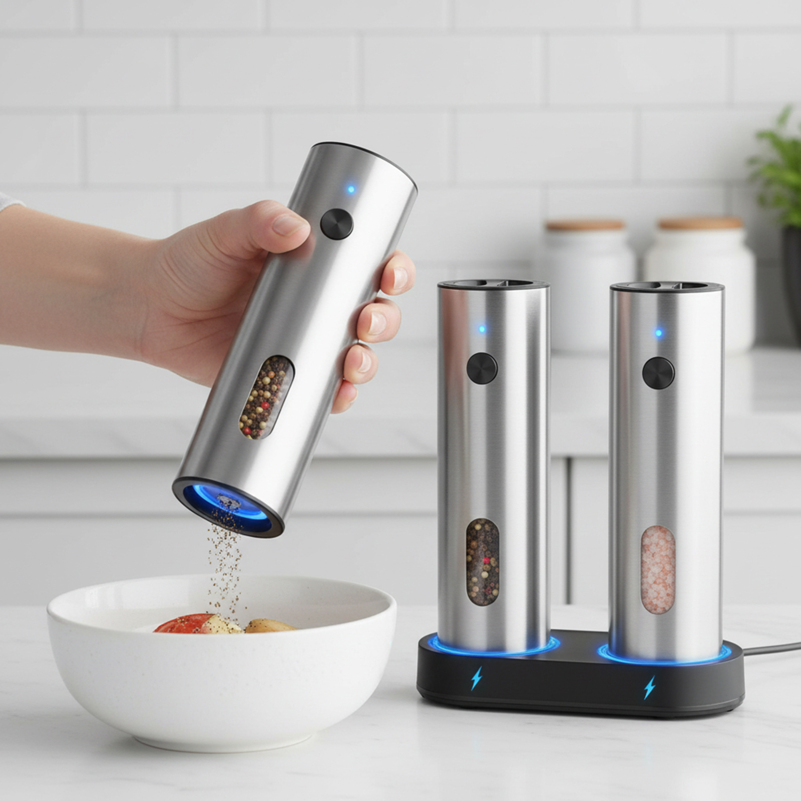 TEMU Electric Salt And Pepper Grinder Set, Rechargeable Usb-c Automatic Mill With Led Light, Adjustable Coarseness & Large Capacity, Stainless Steel,