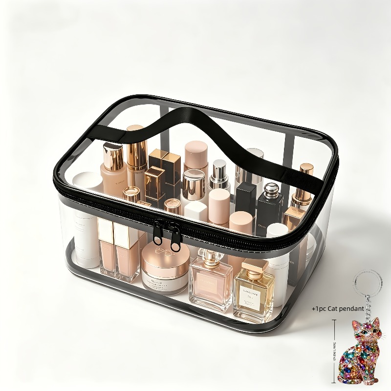 TEMU 2pcs: 1pc Transparent Cosmetic Bag + 1pc 2d Cat Charm, Storage Pouch, Toiletry Bag, Travel Organizer, Portable Makeup Bag, Storage Pouch,