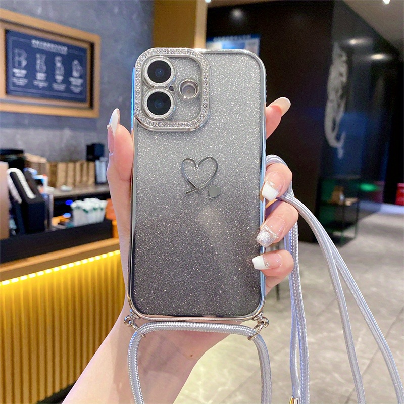 TEMU Phone Case - Gradient Glitter Heart Phone Case For 16e 15 Pro Max 14 13 12 11 Xs 7 Plus With A Crossbody Strap For Drop Protection