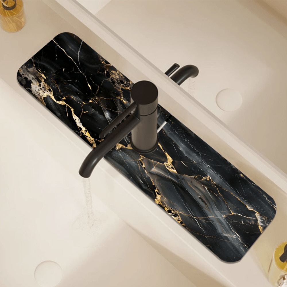 TEMU Fashionable Marble-textured Sink Mat, Black And Golden Striped Kitchen Art Sink Decor
