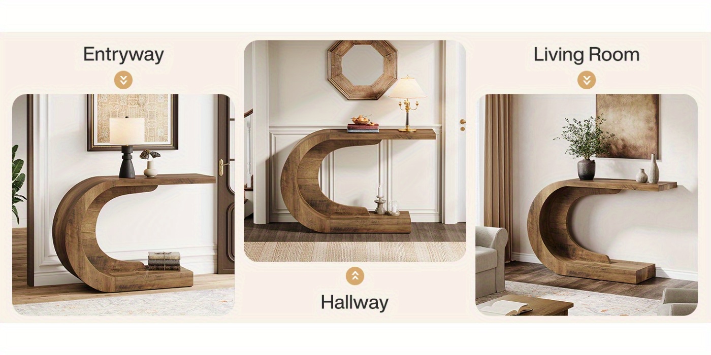 Modern Entryway Table - Extra Long 109.98cm Console Table for Living Room, Hallway, Foyer - Space-Saving C-Shaped Leg Design, Easy Assembly, Brown Finish - Sturdy Hardwood-like Construction for Narrow Hallways & Large Spaces