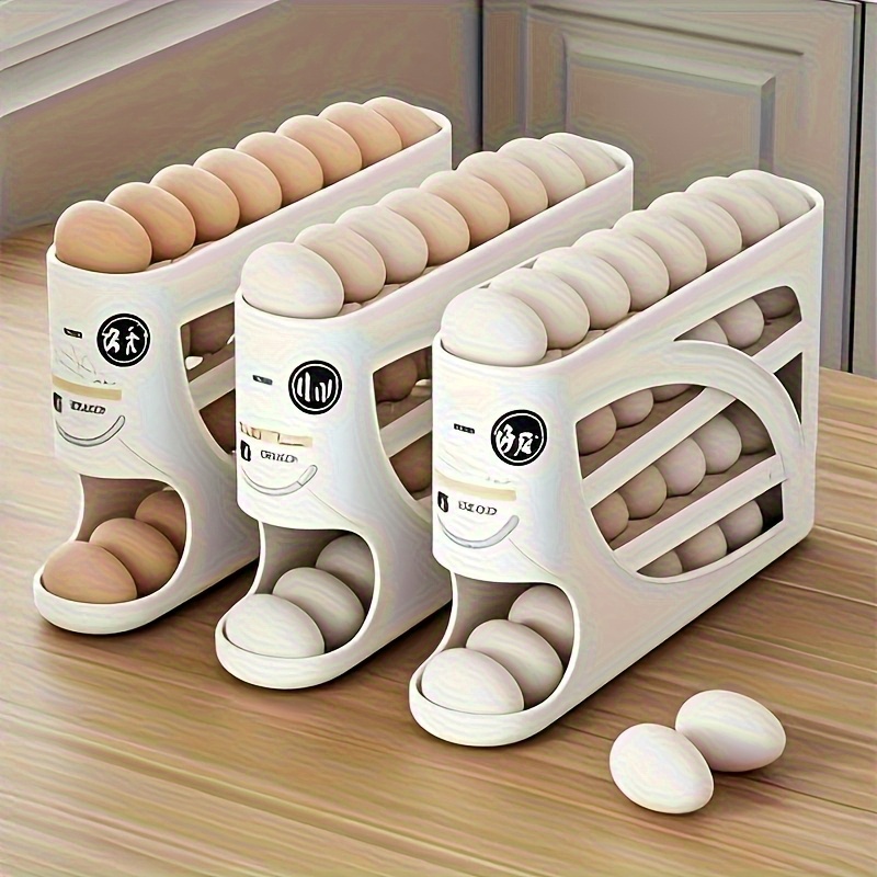 4-Tier Rolling Egg Holder - Space-Saving Side Door Design, Holds 30 Eggs, Smooth Glossy Finish, Convenient Handle | Suitable for Kitchen and Fridge Storage | Modern Kitchen Accessory | Durable Plastic Material