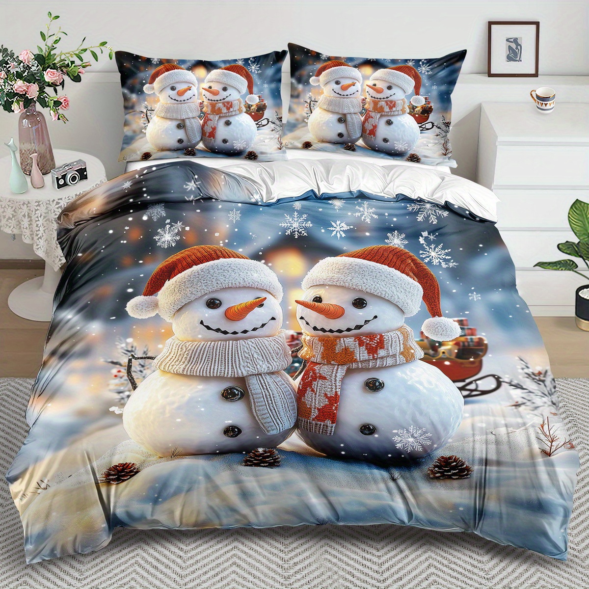 

1 Set Christmas Snowman Duvet - 2/3pcs, 100% , , , Washable, Bedding , Includes 1 Duvet Cover Pillowcases (no )