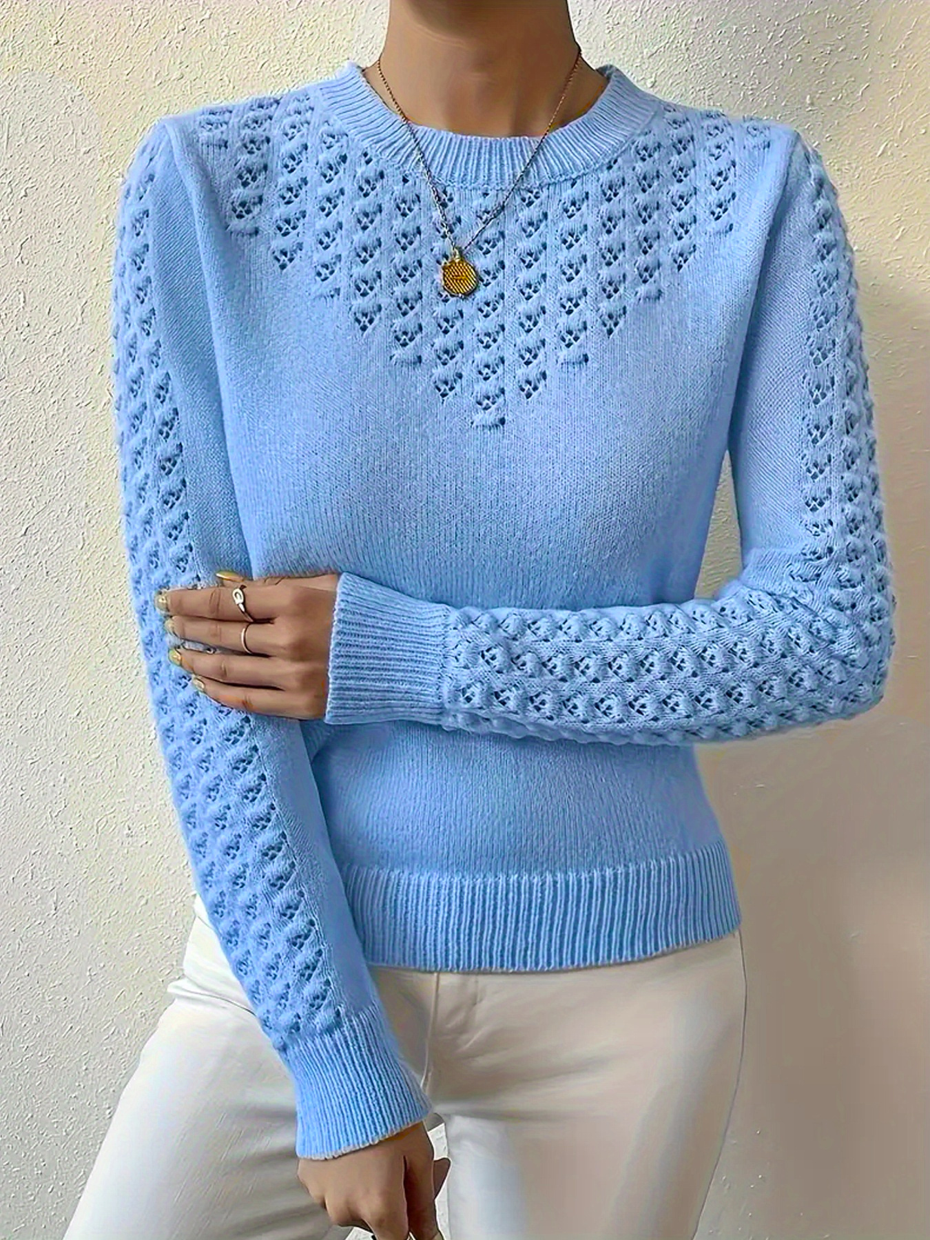 neuer damen rundhals pullover basis-layer strickpullover, uni-farbe, elegantes einfaches lochmuster-design, damen oberteil, damen strickpullover
