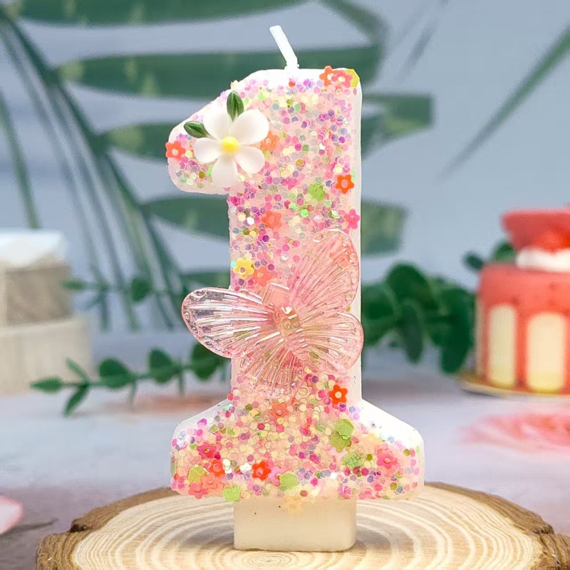 Image of Cute Number Candle - & Multicolor Glitter Party Decorations With Floral Accents, Irregular Shape Birthday Cake Toppers For ' Birthdays