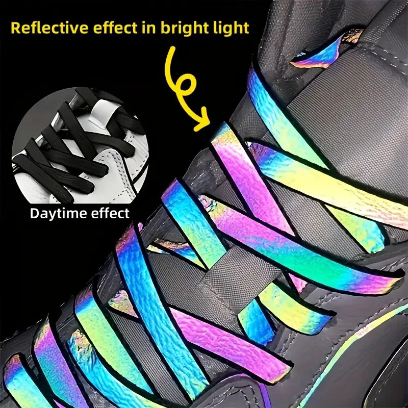 TEMU 2pcs Holographic Reflective Shoelaces Colorful Flat Two-dimensional Black And White Color Changing
