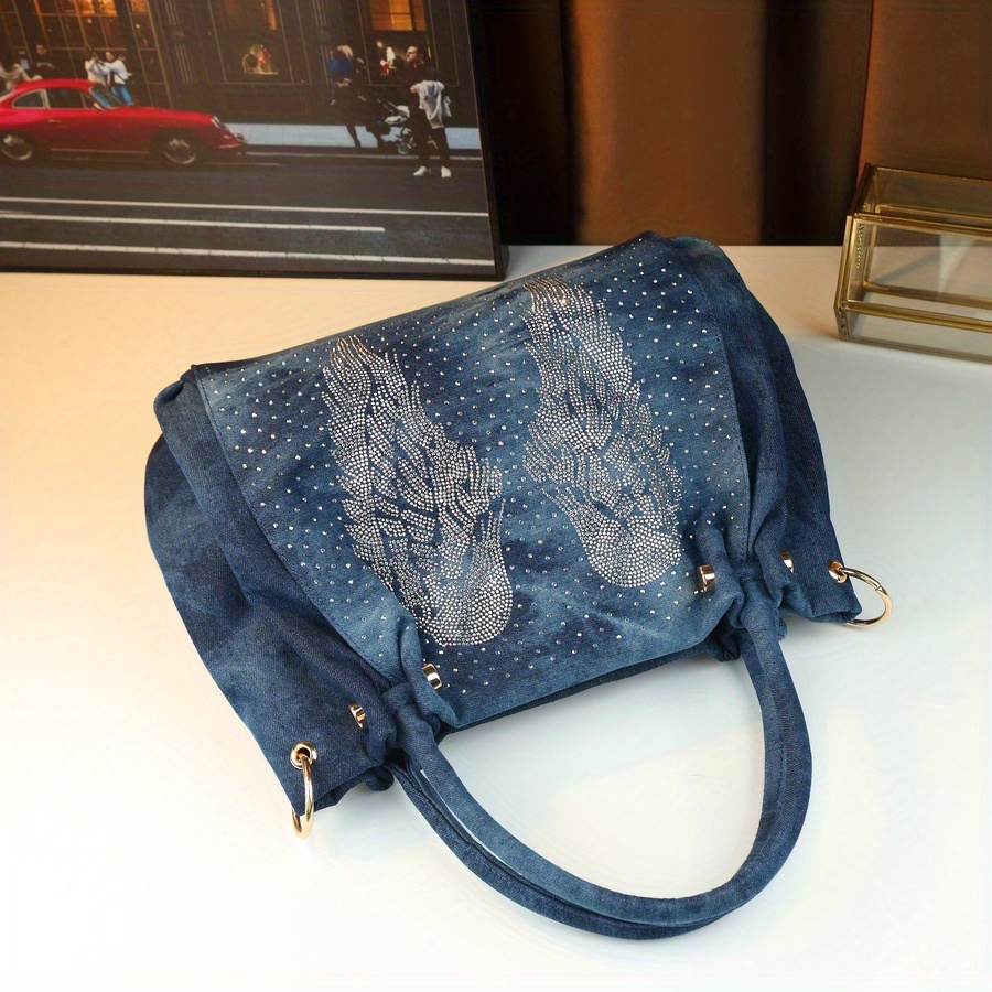 Rhinestone Angel Wings detail on Denim Tote