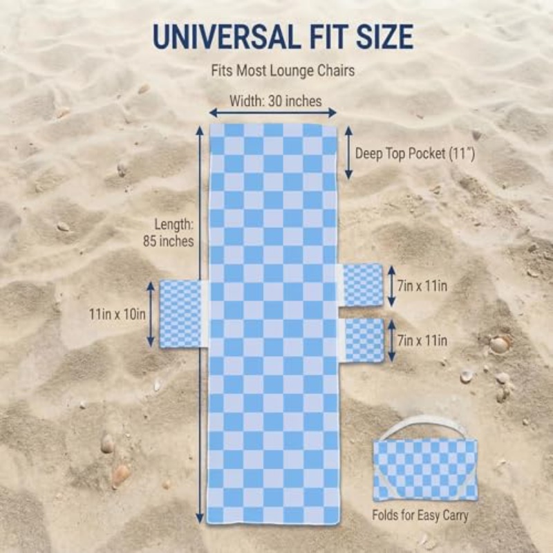 Lounge Chaise Chair Towel Covers Pack of 2, Beach Chair Cover with 3 Pockets for Pool Outdoor Beach Garden Patio Trips, 85 X30in (Blue Checkerboard)