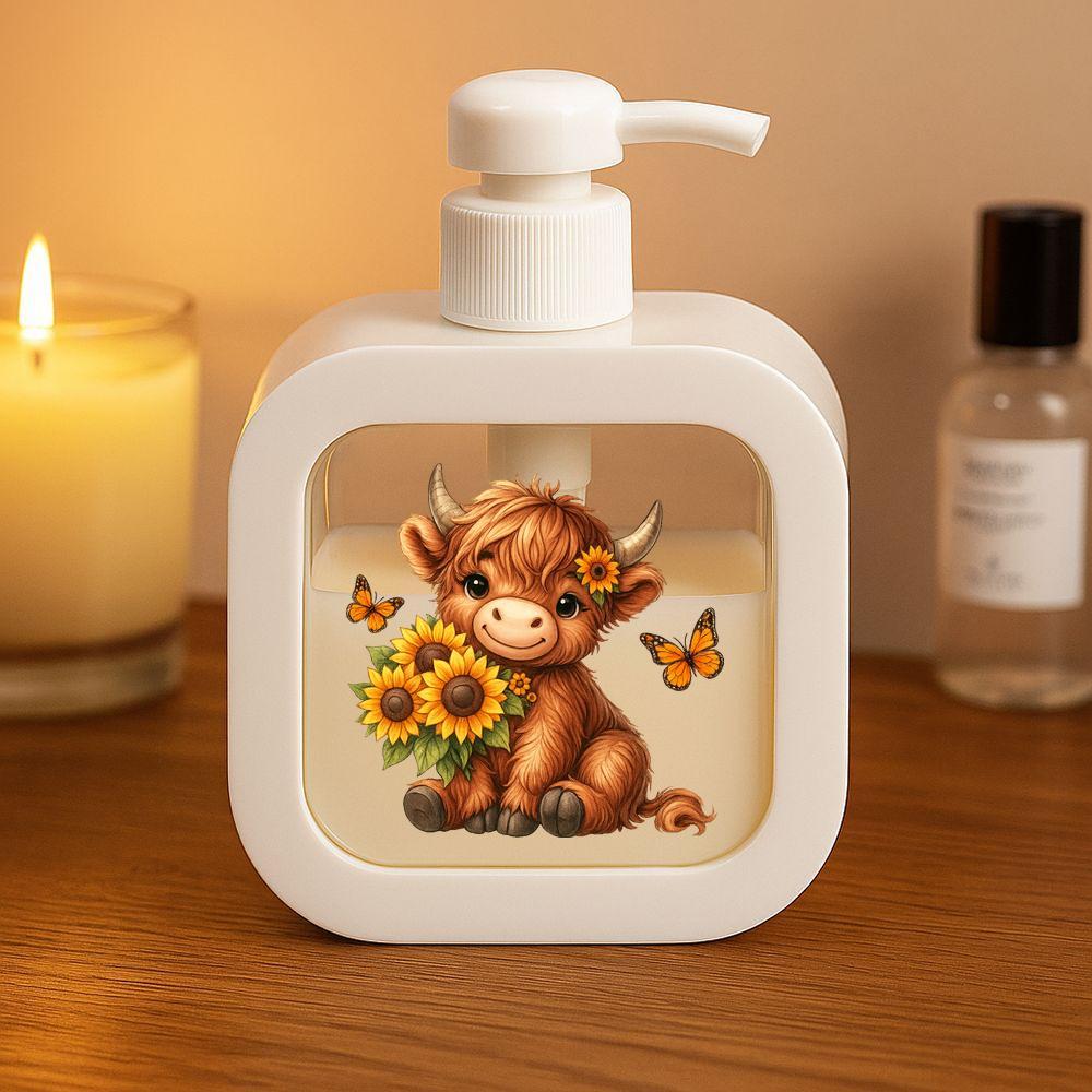 TEMU 1pc 2d Flat Printing Cartoon Highland Cow Sunflower Modern Bathroom Creative Dispenser, With Hand Pump, Hand Soap Dispenser, Creative Lotion